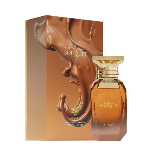 Afnan Delicious Bouquet perfume bottle and box with gold accents and brown swirl design.