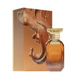 Afnan Delicious Bouquet perfume bottle and box with gold accents and brown swirl design.
