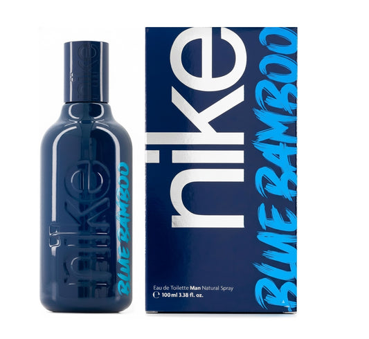 Nike Blue Bamboo Eau de Toilette for Men, 100ml bottle and box, deep blue design with bold branding