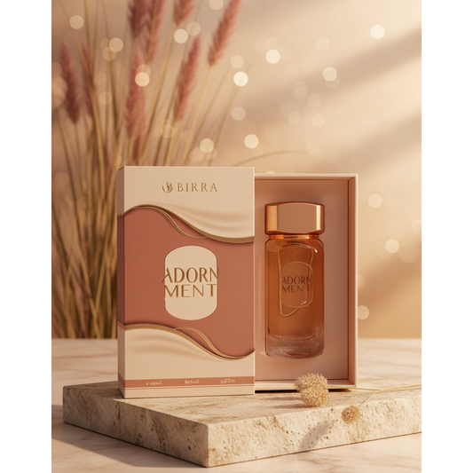 Luxury Adornment perfume bottle and box on marble, warm lighting, elegant beauty product