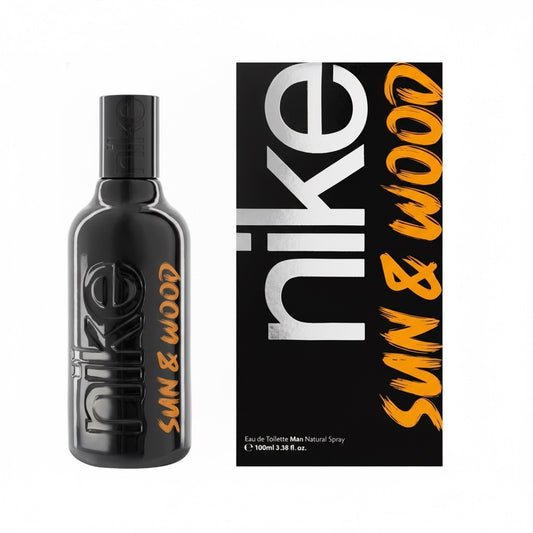 Nike Sun & Wood Eau de Toilette for Men, 100ml black bottle with orange text, luxury fragrance