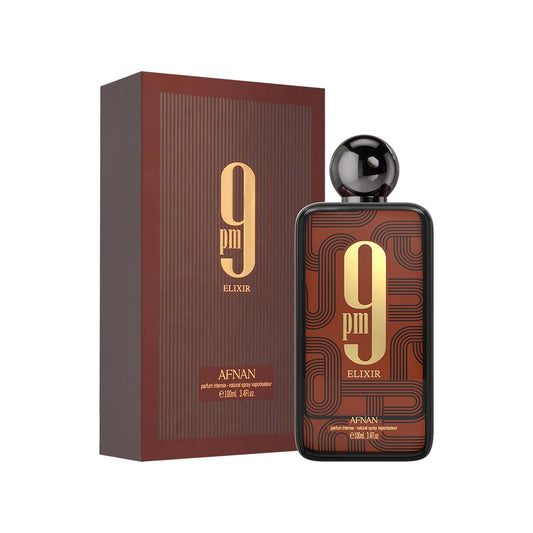 Afnan 9PM Elixir Eau de Parfum bottle and box in brown and gold design, 100ml fragrance.