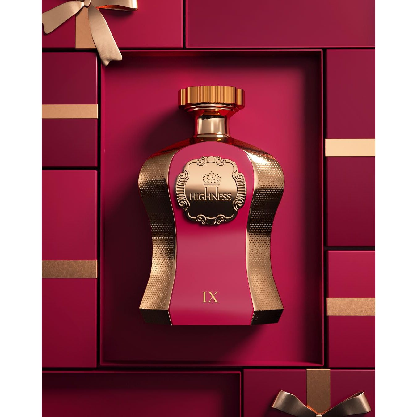 Luxury pink and gold perfume bottle labeled HIGHNESS IX surrounded by elegant gift boxes