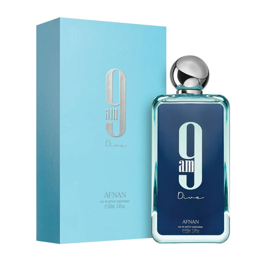 Afnan 9am Dive perfume bottle and box, blue packaging, luxury fragrance for men.