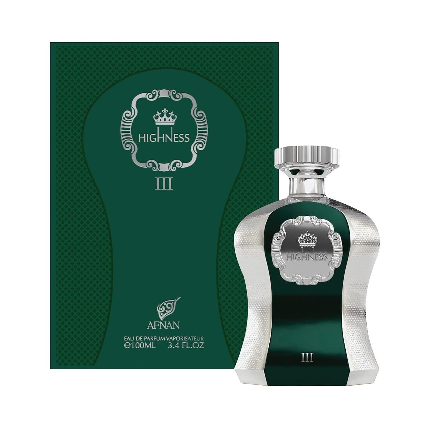 Afnan Highness III Eau de Parfum 100ml bottle and green box, luxury fragrance for men.