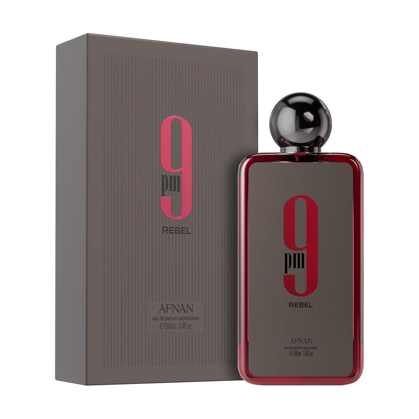 Afnan 9pm Rebel perfume bottle and box, unisex fragrance, 100ml, modern packaging