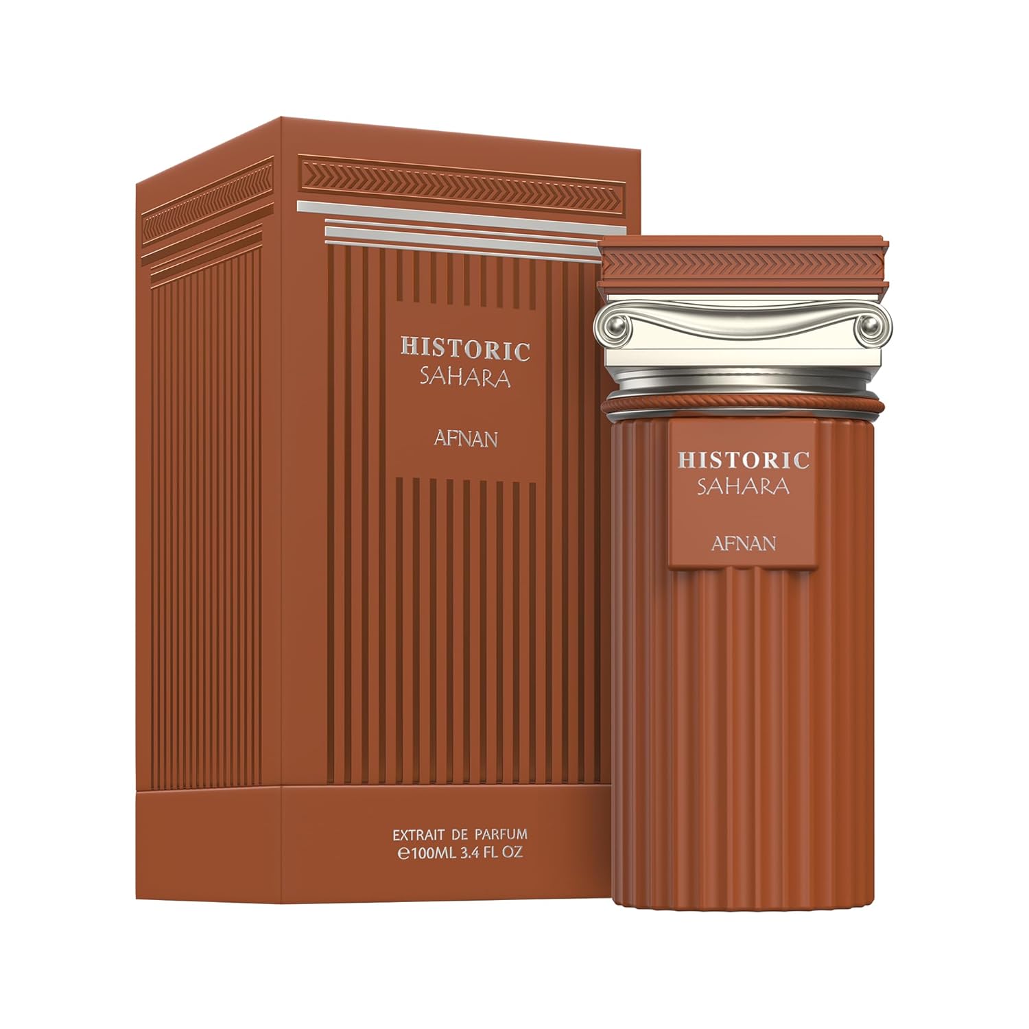 Afnan Historic Sahara perfume bottle and box with brown and silver design, 100ml Extrait de Parfum