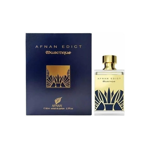 Afnan Edict Muscitique perfume bottle and box with gold and navy art deco design