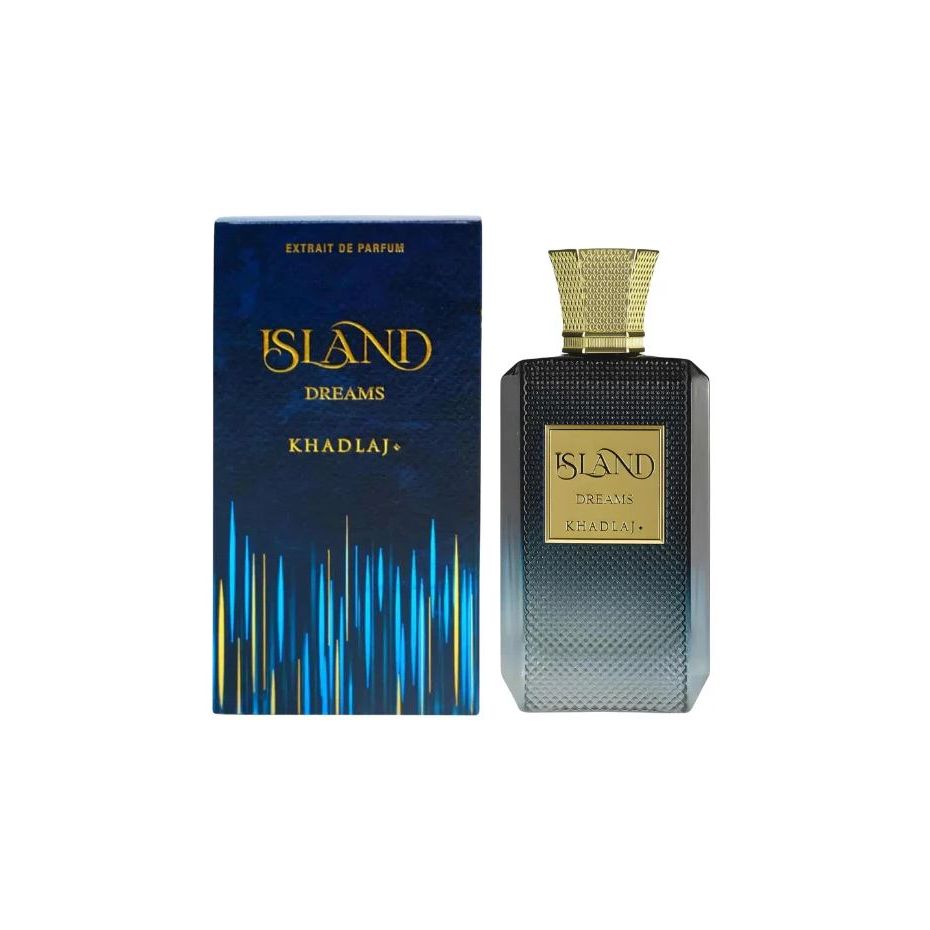 Island Dreams Khadlaj perfume bottle and box with gold accents on white background