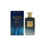 Island Dreams Khadlaj perfume bottle and box with gold accents on white background