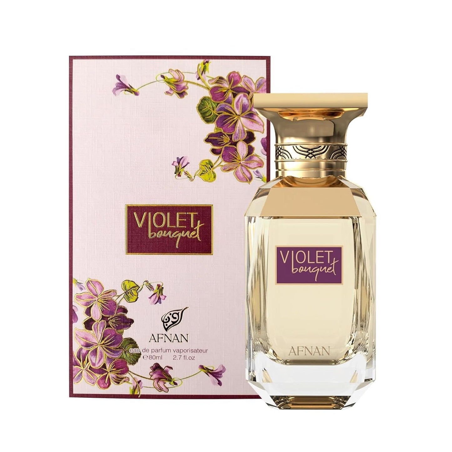 AFNAN Violet Bouquet eau de parfum with floral packaging and gold accents