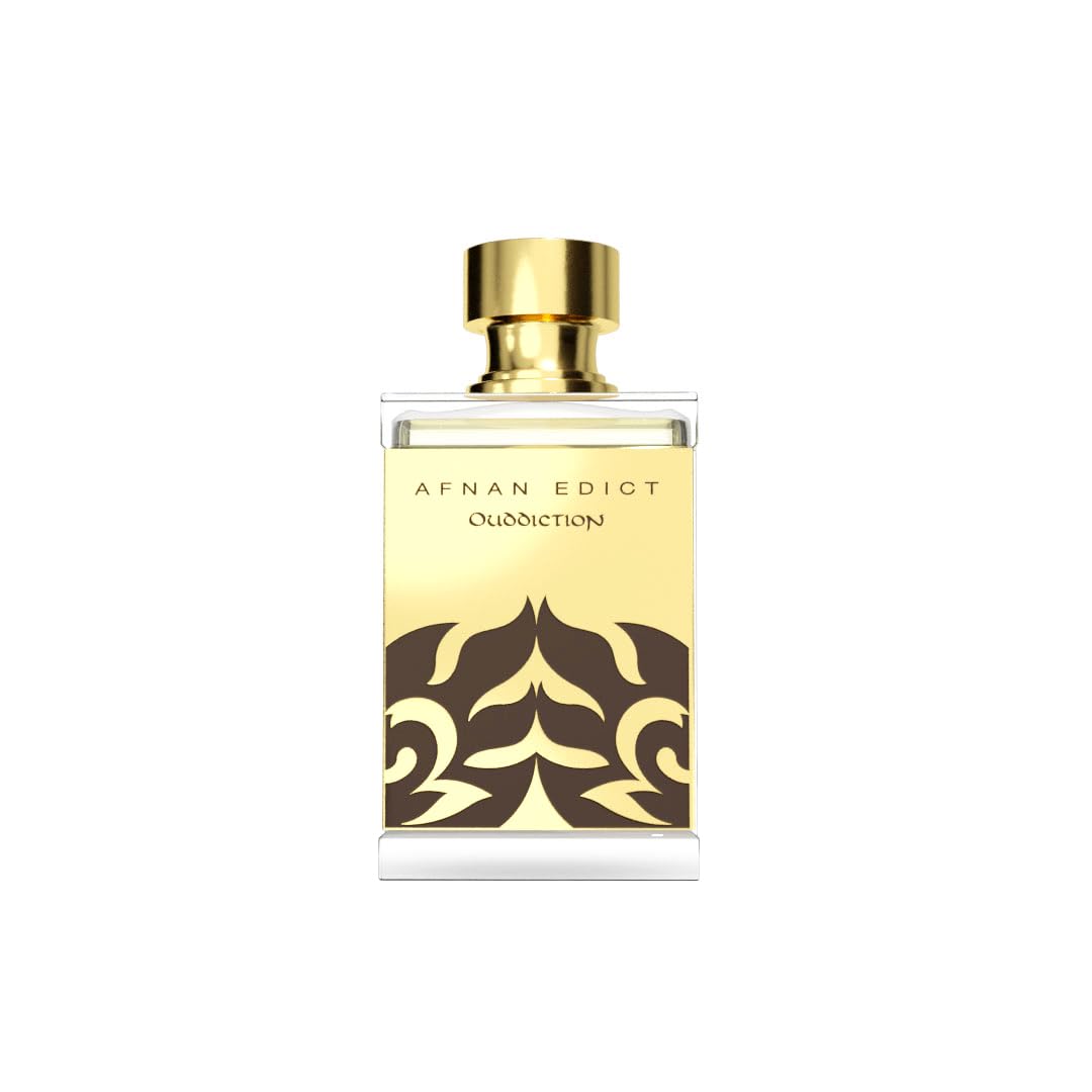 Afnan Edict Ouddiction perfume bottle with gold cap and decorative label on white background.