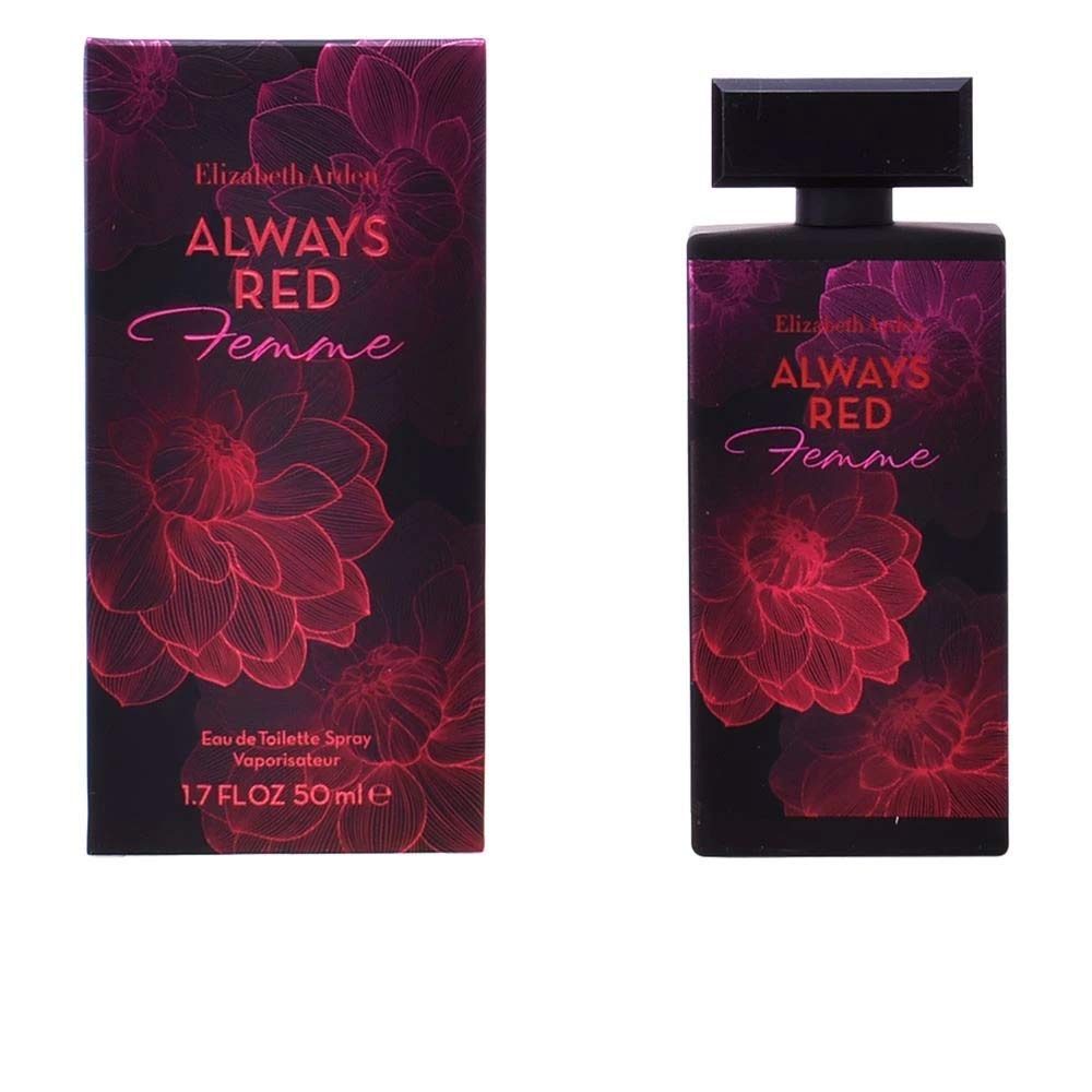 Elizabeth Arden Always Red Femme perfume bottle and box with floral design, 50ml