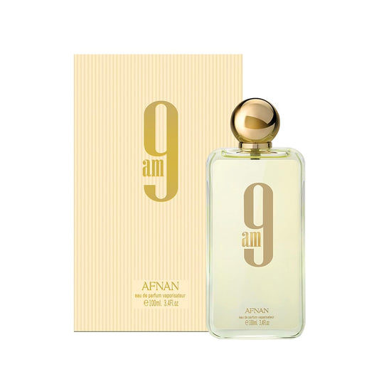 Afnan 9am eau de parfum spray bottle and box, gold lid, 100ml fragrance