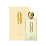 Afnan 9am eau de parfum spray bottle and box, gold lid, 100ml fragrance