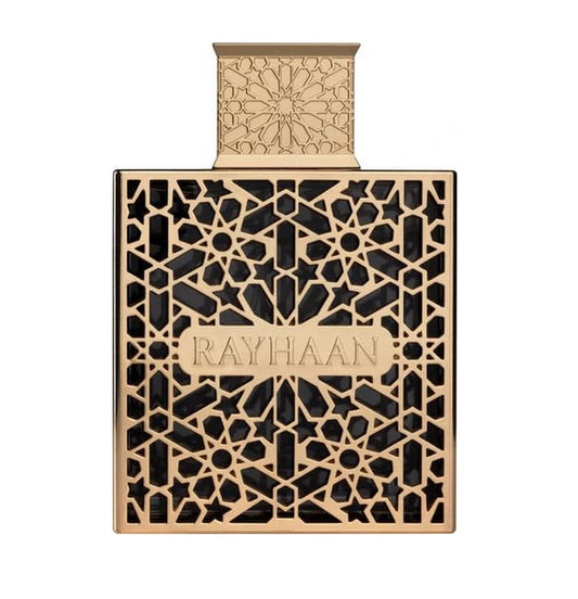Rayhaan luxury Arabic perfume bottle with gold geometric lattice design and black accents