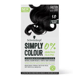Schwarzkopf Simply Colour 1.0 Natural Black permanent hair dye box, ammonia- and silicone-free.