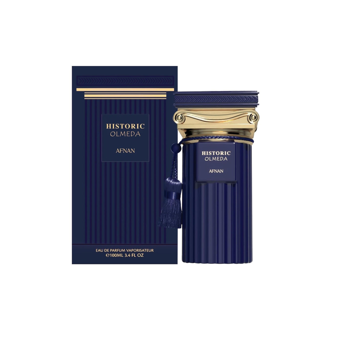 Afnan Historic Olmeda perfume in elegant blue and gold bottle with matching box, 100ml