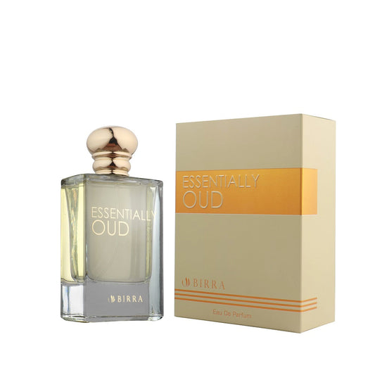 Essentially Oud perfume bottle and box, luxury fragrance, clear glass with gold cap