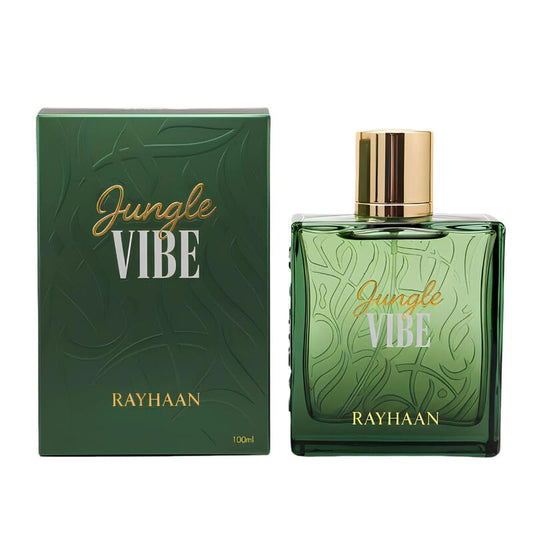 Rayhaan Jungle Vibe 100ml luxury perfume with green bottle and gold cap, Arabic fragrance