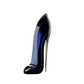 High heel shoe-shaped perfume bottle with gold stiletto heel on white background