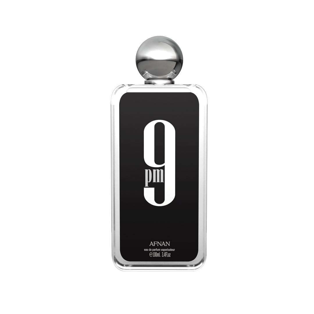 Afnan 9pm eau de parfum bottle with bold black label and silver cap, 100ml size.