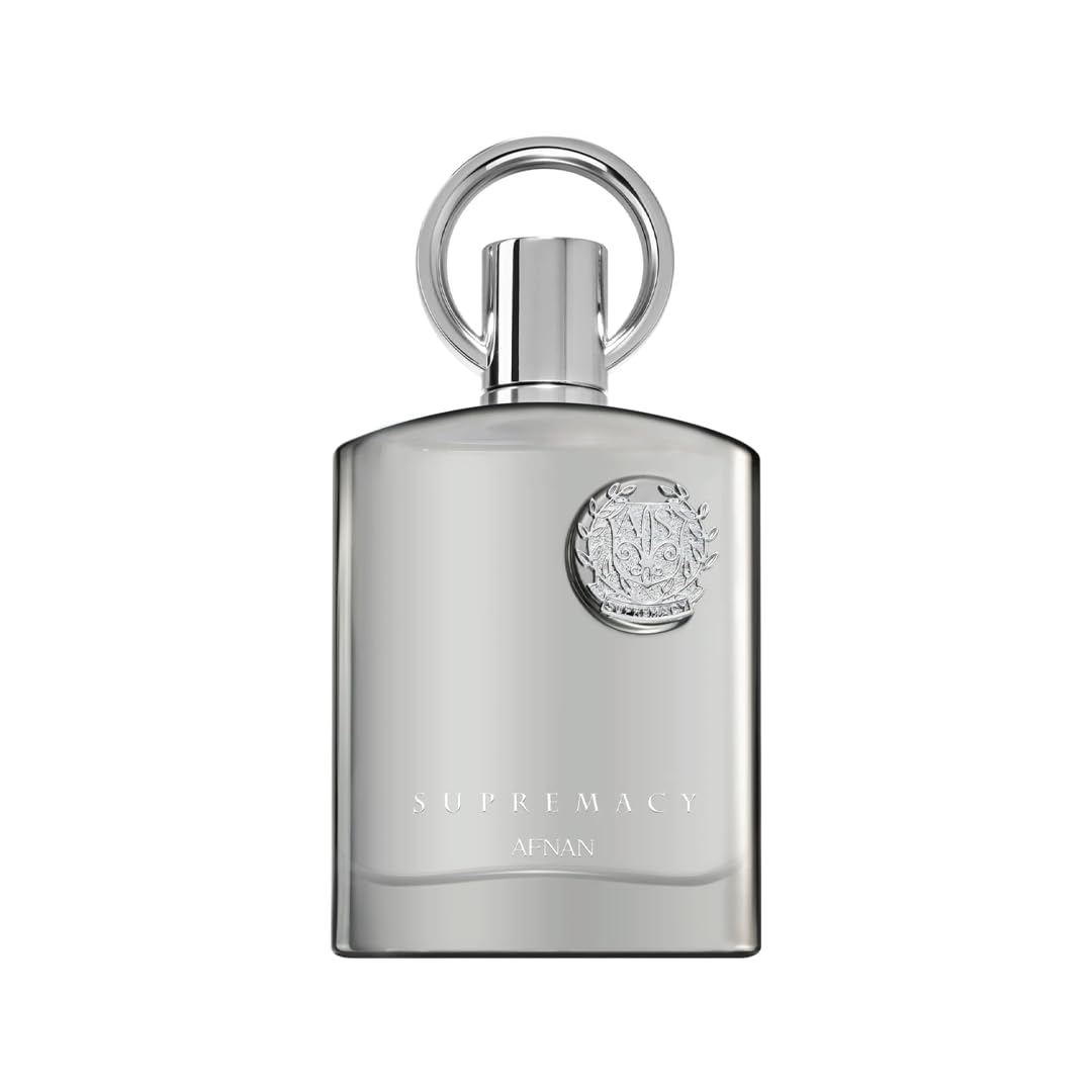 Supremacy Afnan luxury perfume bottle with silver emblem and ring cap, premium Arabic fragrance