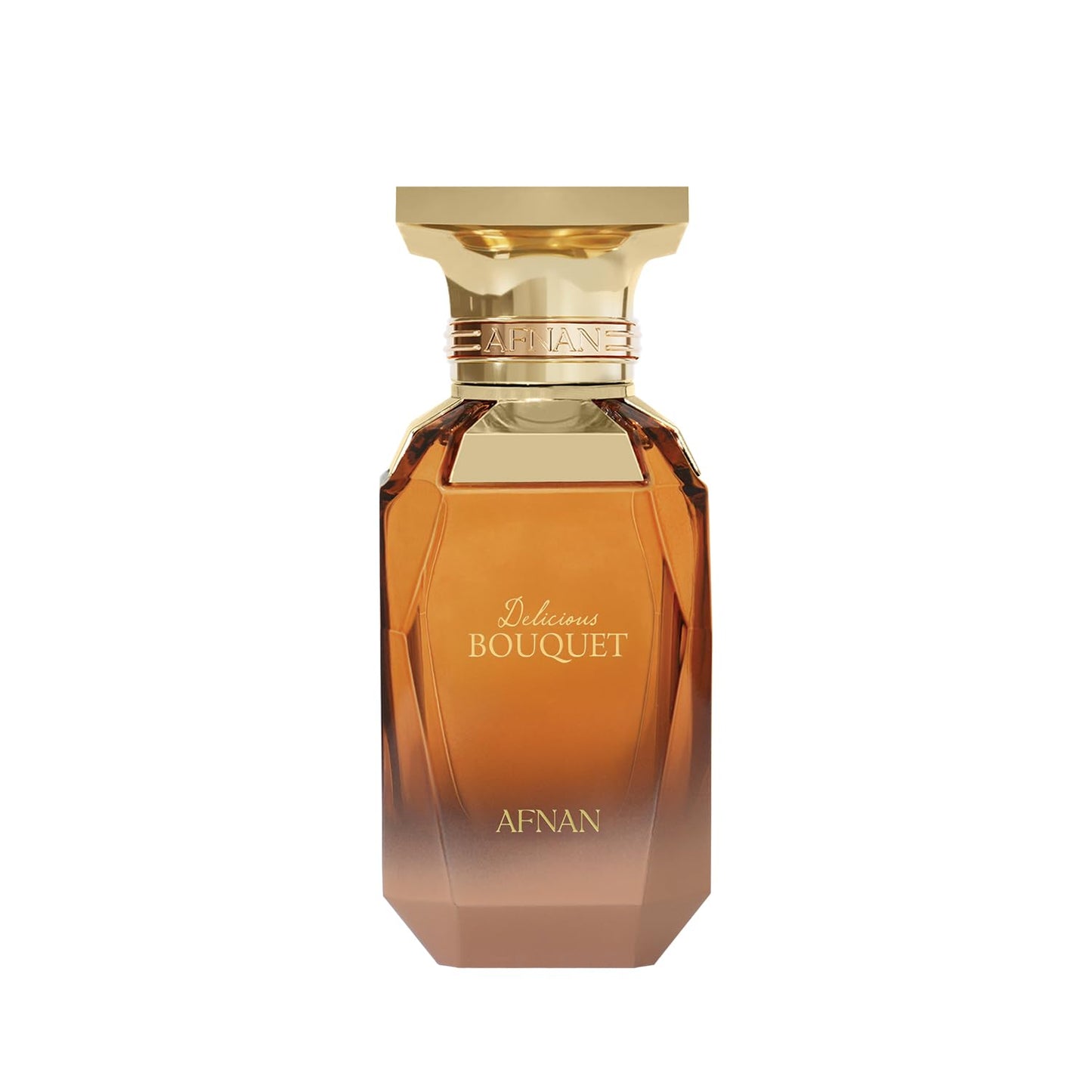 Afnan Delicious Bouquet perfume bottle with amber glass and gold cap, fragrance product