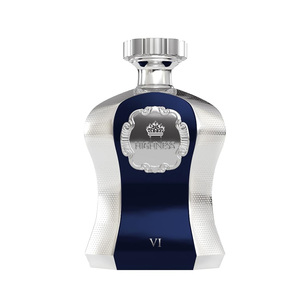 Luxury blue and silver perfume bottle with crown emblem and 'HIGHNESS VI' label