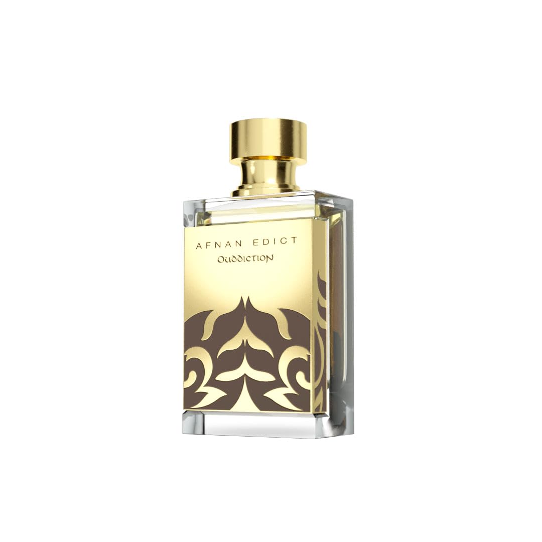 Afnan Edict Ouddiction perfume bottle with gold cap and decorative gold label