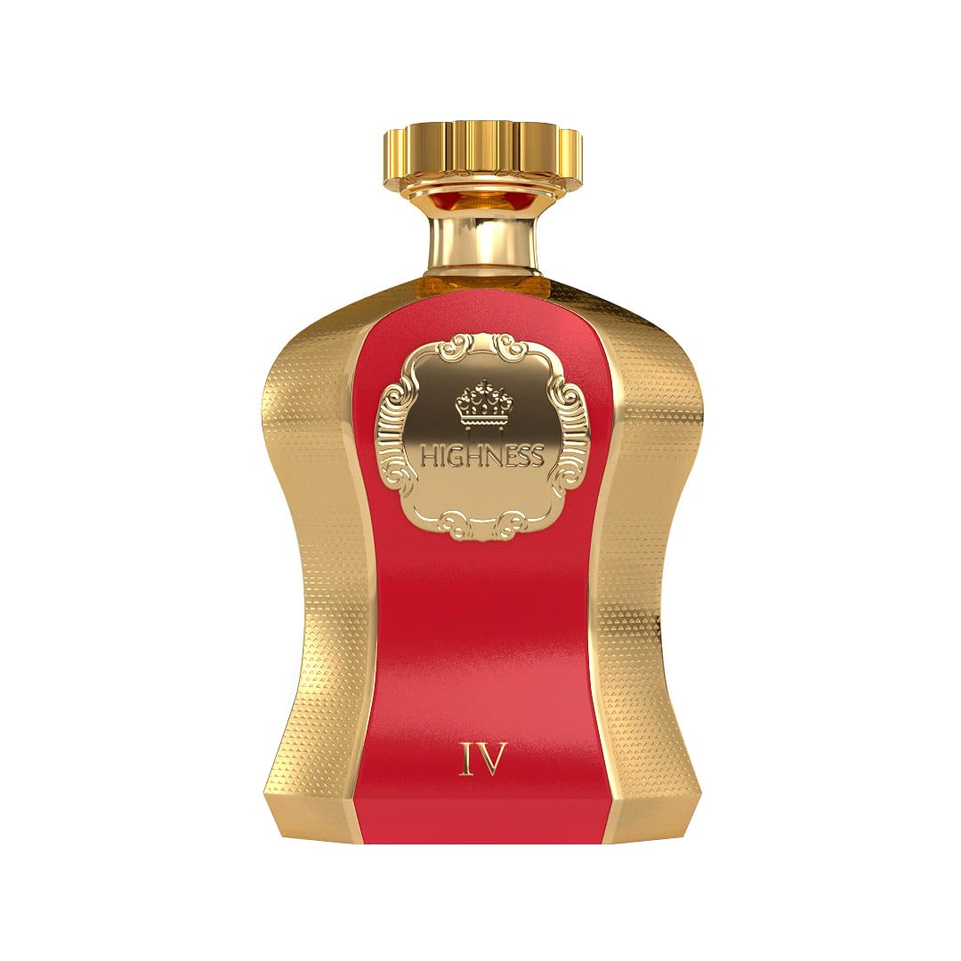 Luxury perfume bottle with gold and red design, labeled HIGHNESS IV, elegant fragrance
