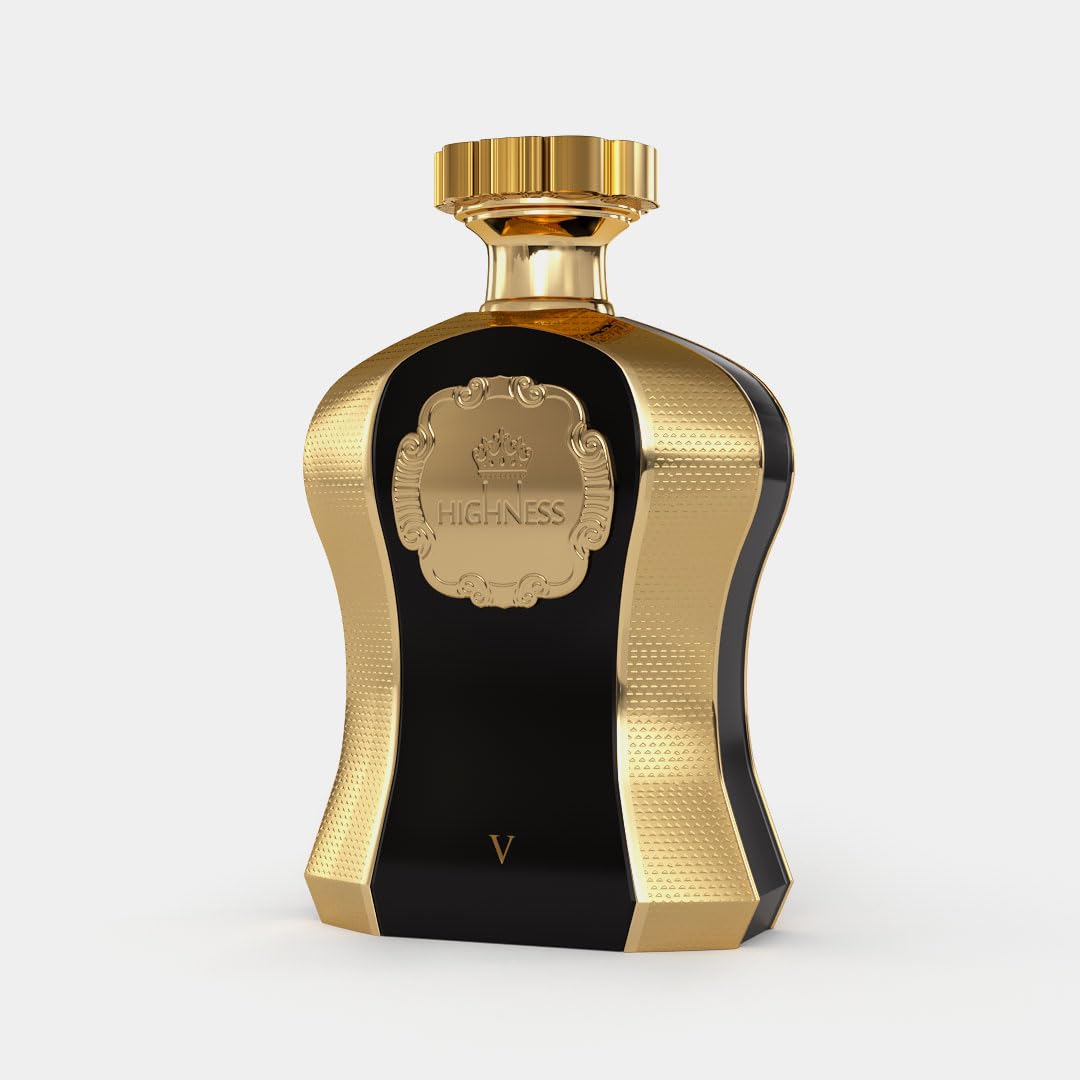 Luxury black and gold perfume bottle with 'Highness' label, elegant fragrance packaging