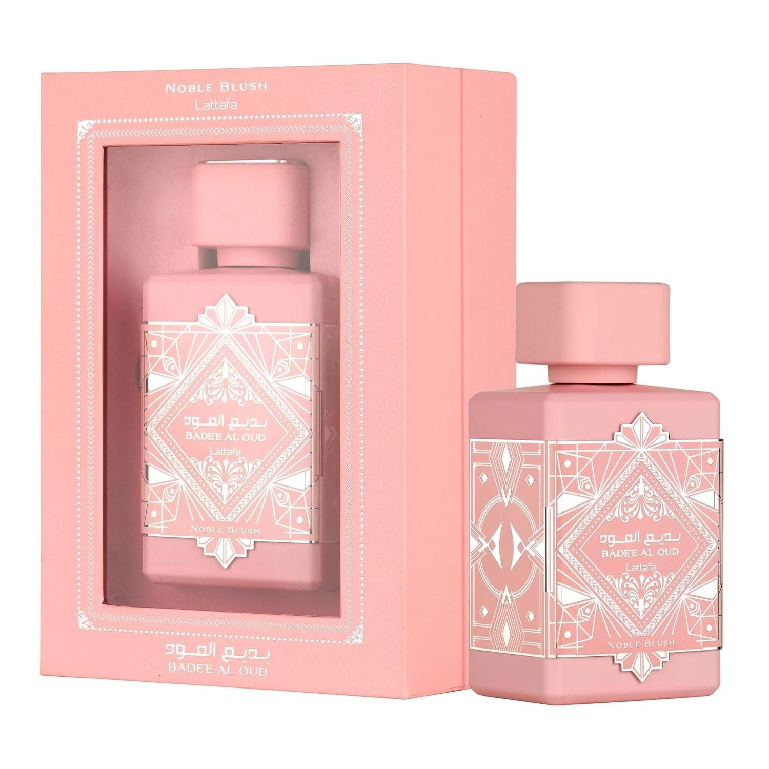 Pink Baddee Al Oud Noble Blush Lattafa perfume bottle and box with geometric design