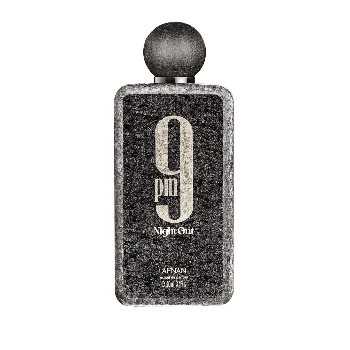 Afnan 9pm Night Out perfume bottle with textured black design and rounded cap
