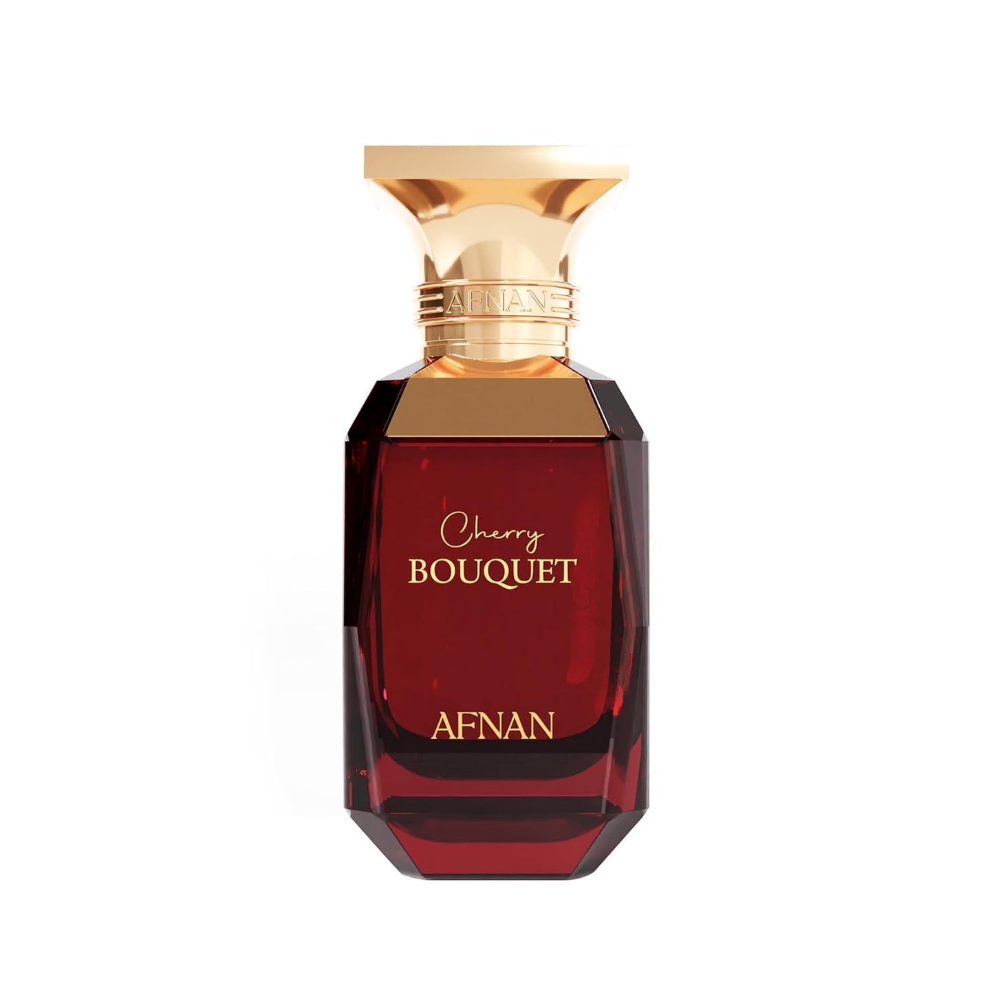Afnan Cherry Bouquet perfume bottle with gold cap and red glass, isolated on white background.