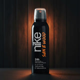Nike Sun & Wood 24h Eau de Toilette Deodorant for Men, 200ml spray bottle with warm lighting