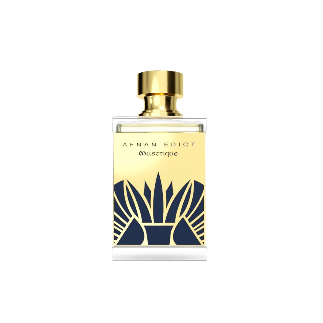 Afnan Edict Muscétique perfume bottle with gold cap and art deco floral design.