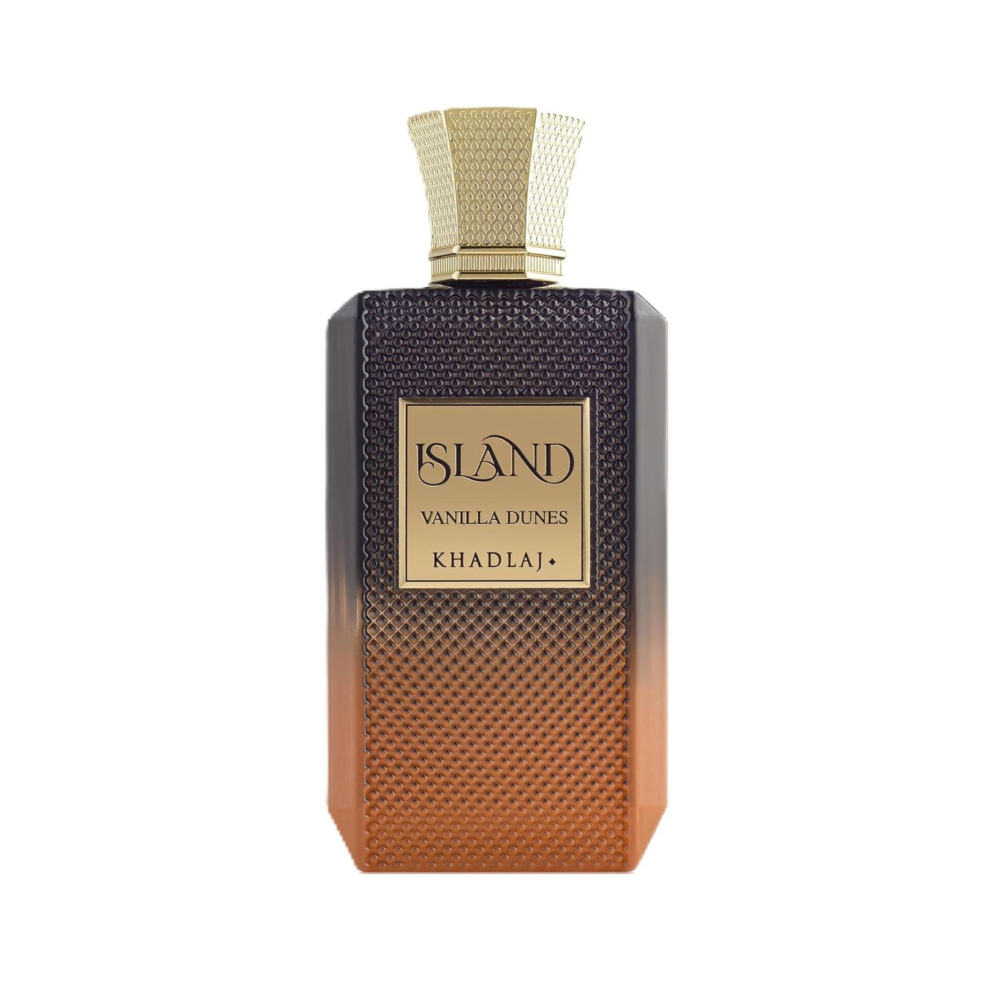 Khadlaj Island Vanilla Dunes perfume bottle with textured gold and brown gradient design