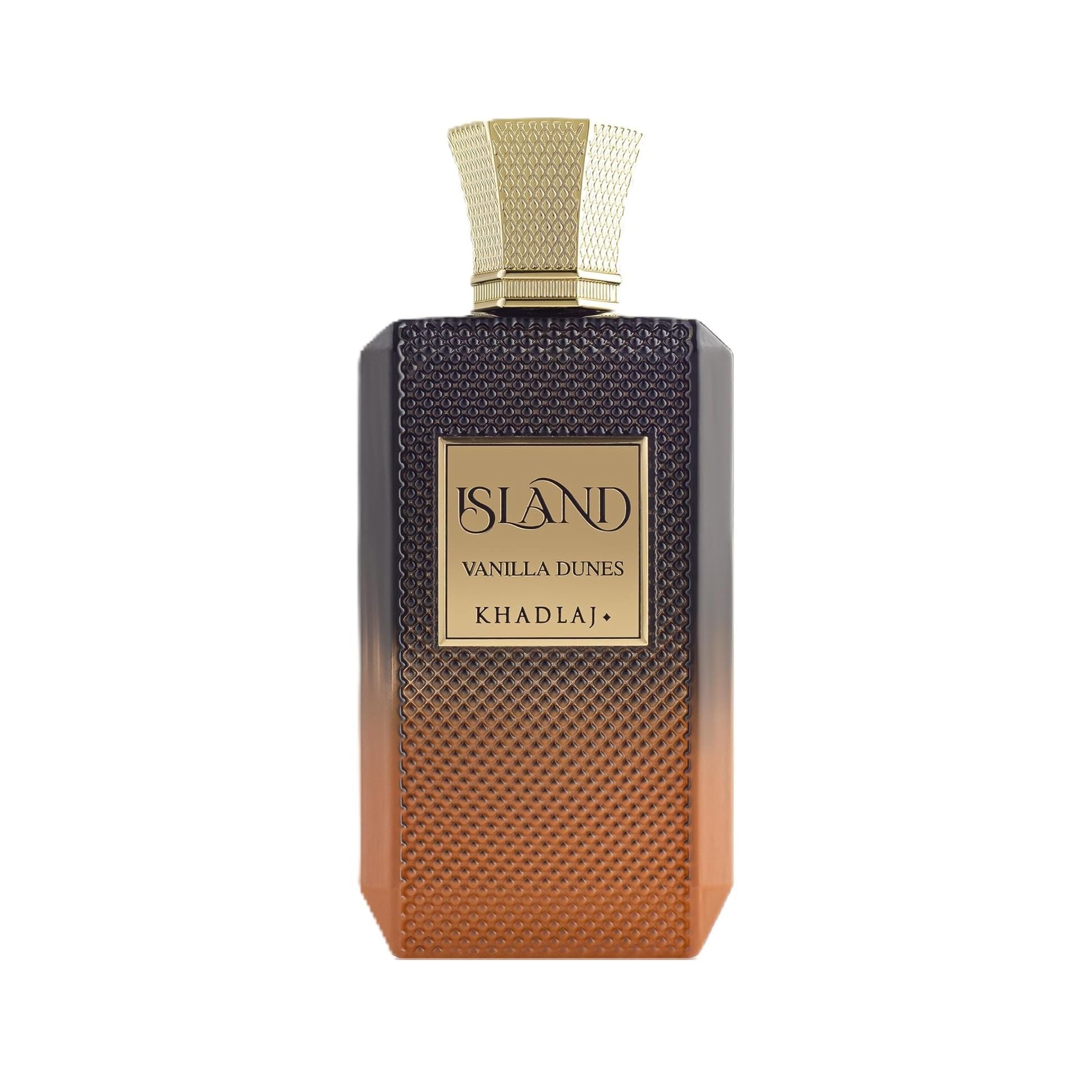 Khadlaj Island Vanilla Dunes perfume bottle with textured gold and brown gradient design