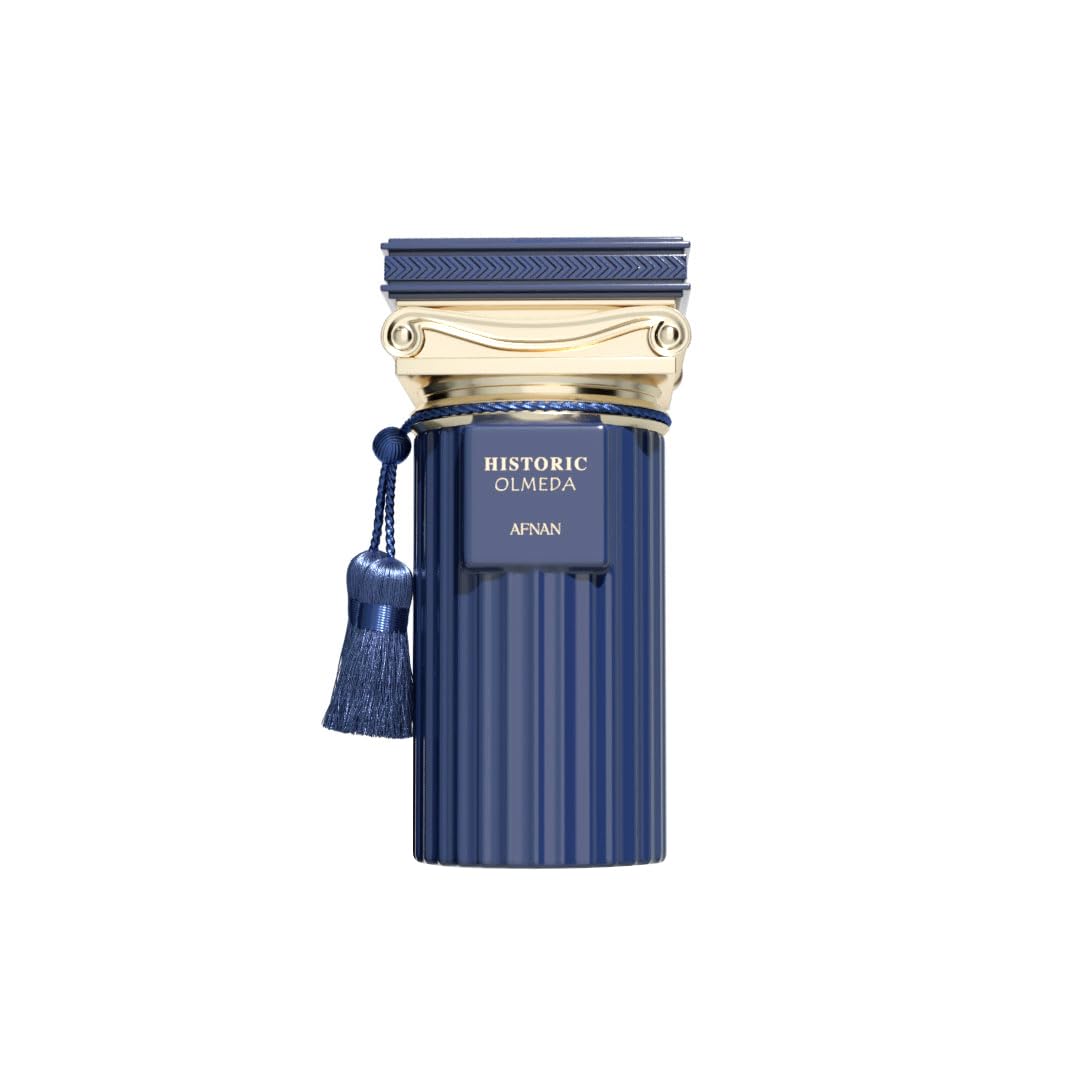 Afnan Historic Olmeda perfume bottle with blue and gold column design and tassel