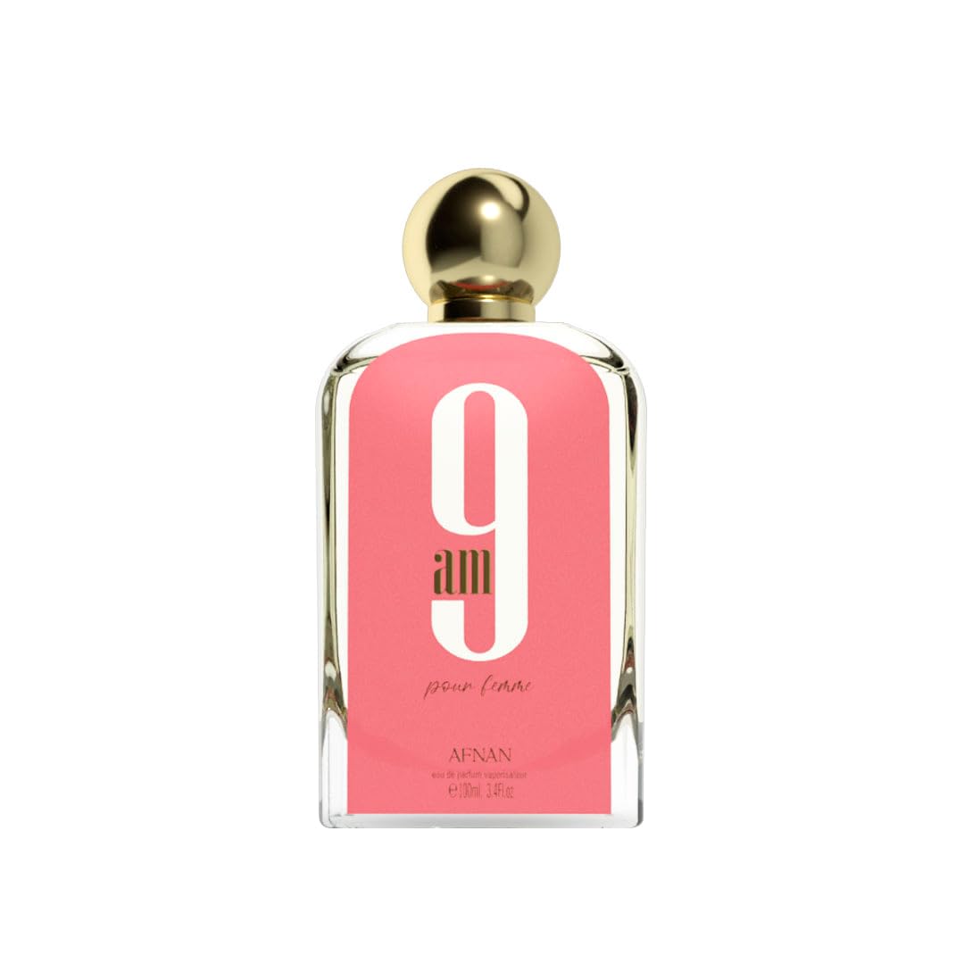 Afnan 9am pour femme perfume bottle with pink label and gold cap, beauty fragrance
