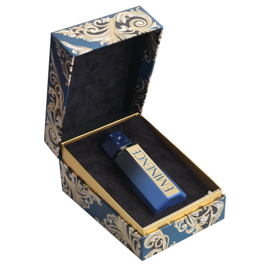 Luxury blue and gold perfume bottle labeled Eminence in ornate decorative gift box