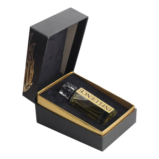 Luxury perfume bottle with black and gold label in open velvet gift box
