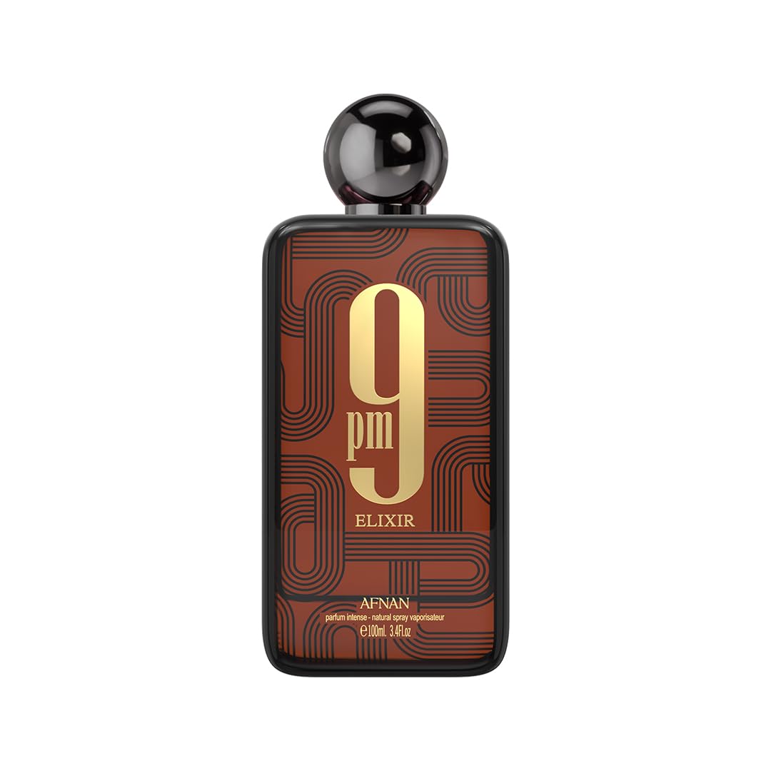 Afnan 9pm Elixir perfume bottle with black cap and gold geometric label design