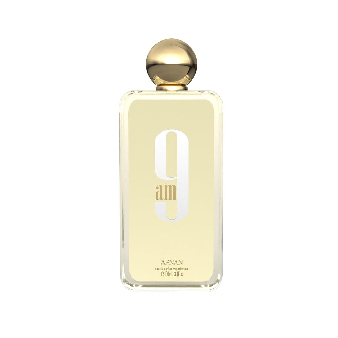 Afnan 9am perfume bottle with gold cap and minimalist design, 100ml eau de parfum.