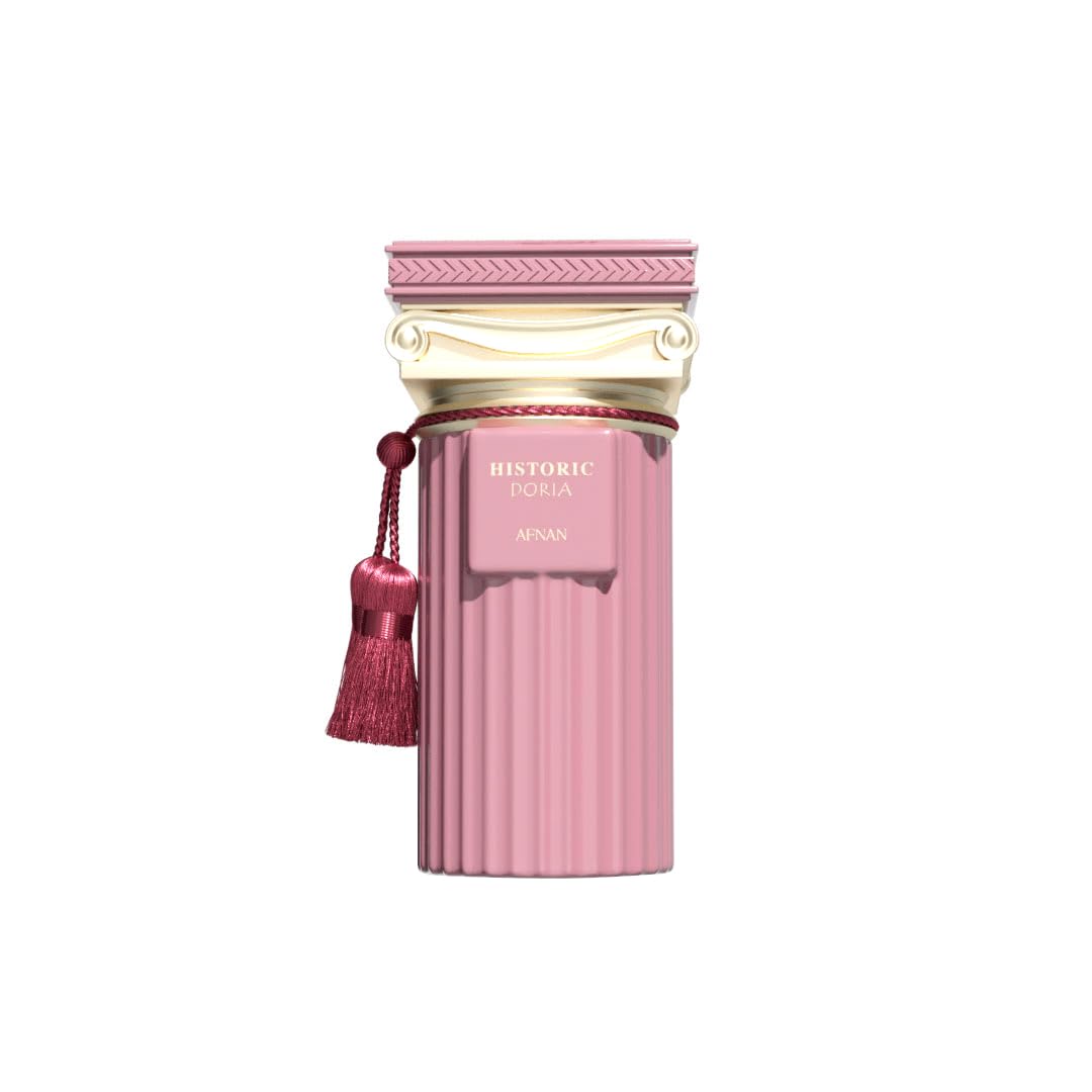 Pink column-shaped perfume bottle with gold details, tassel, and Historic Doria label.