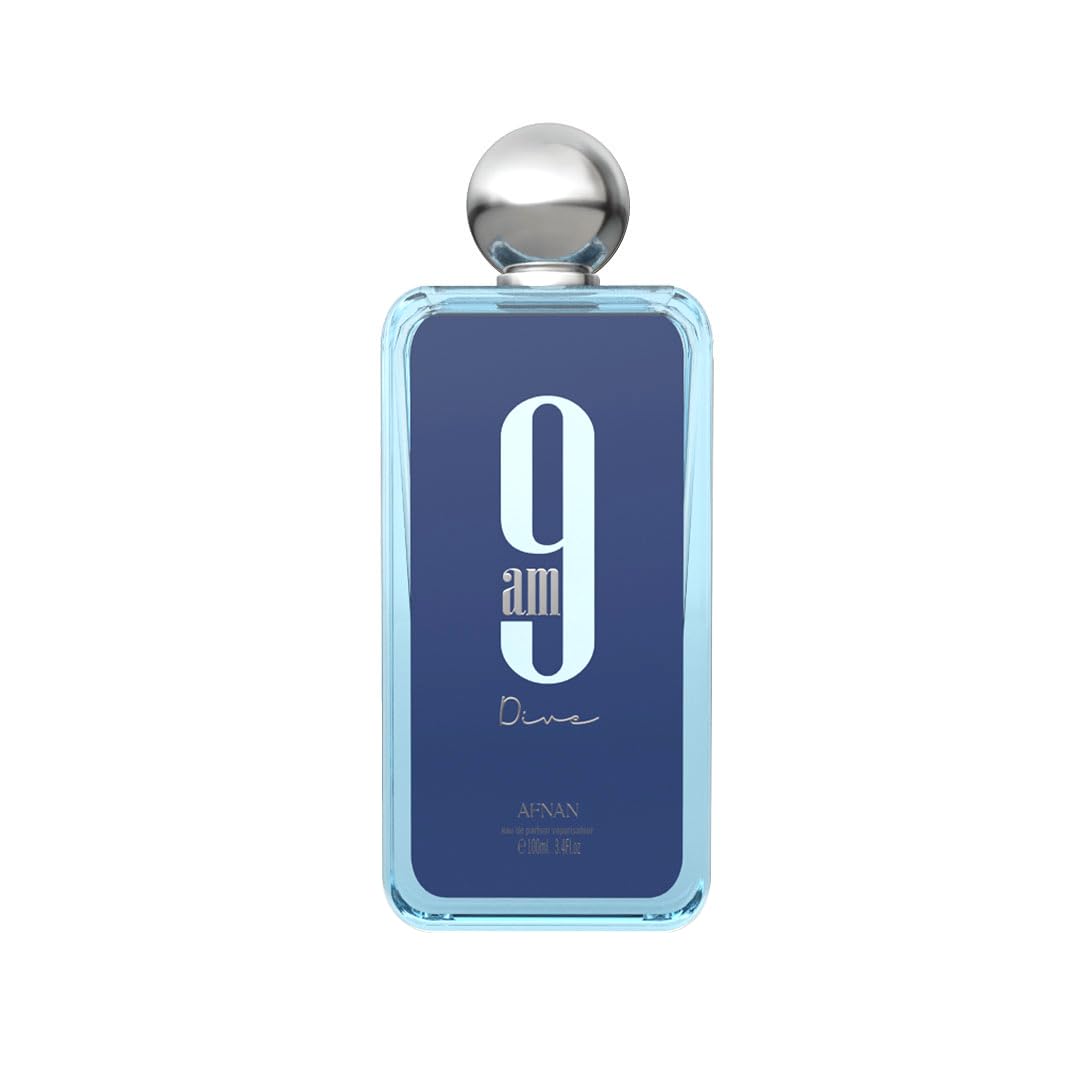 Afnan 9am Dive perfume bottle with blue label and metallic cap, 100ml eau de parfum