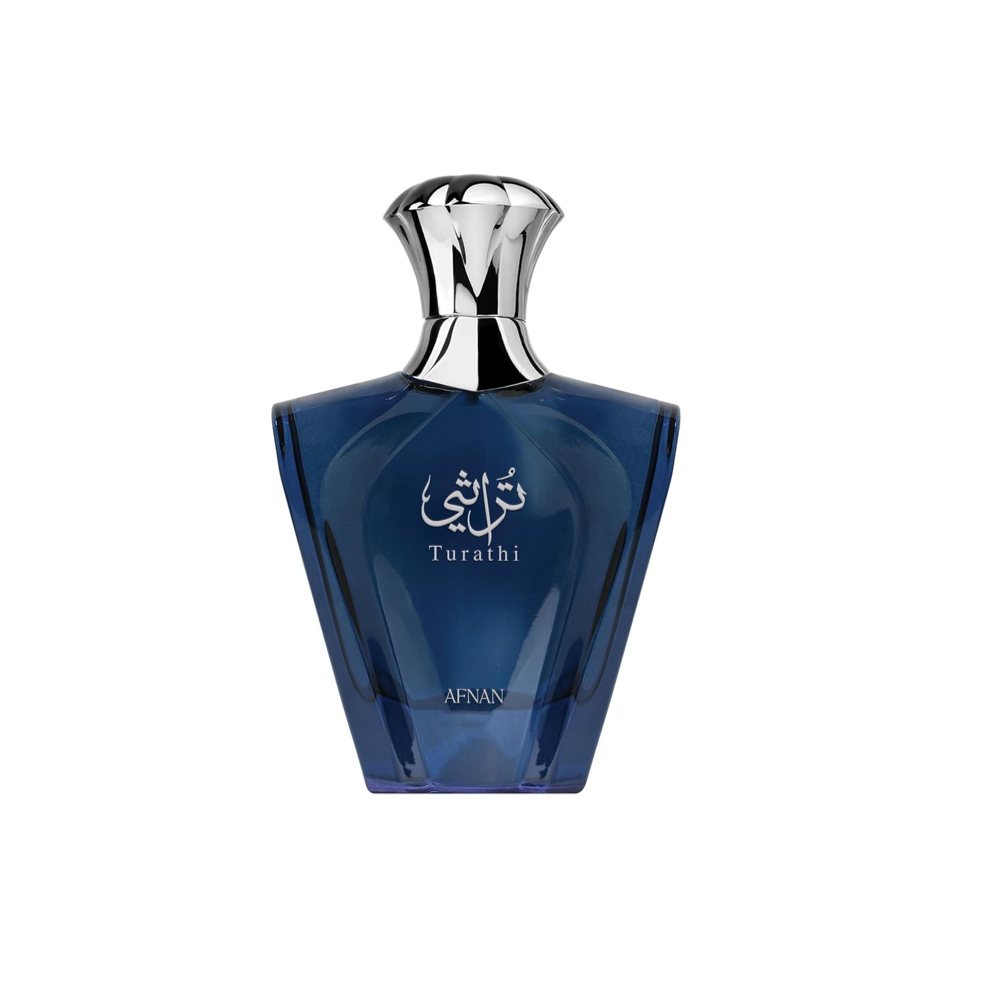 Turathi by AFNAN: luxury Arabic perfume in deep blue bottle with silver cap, featuring elegant Arabic script.