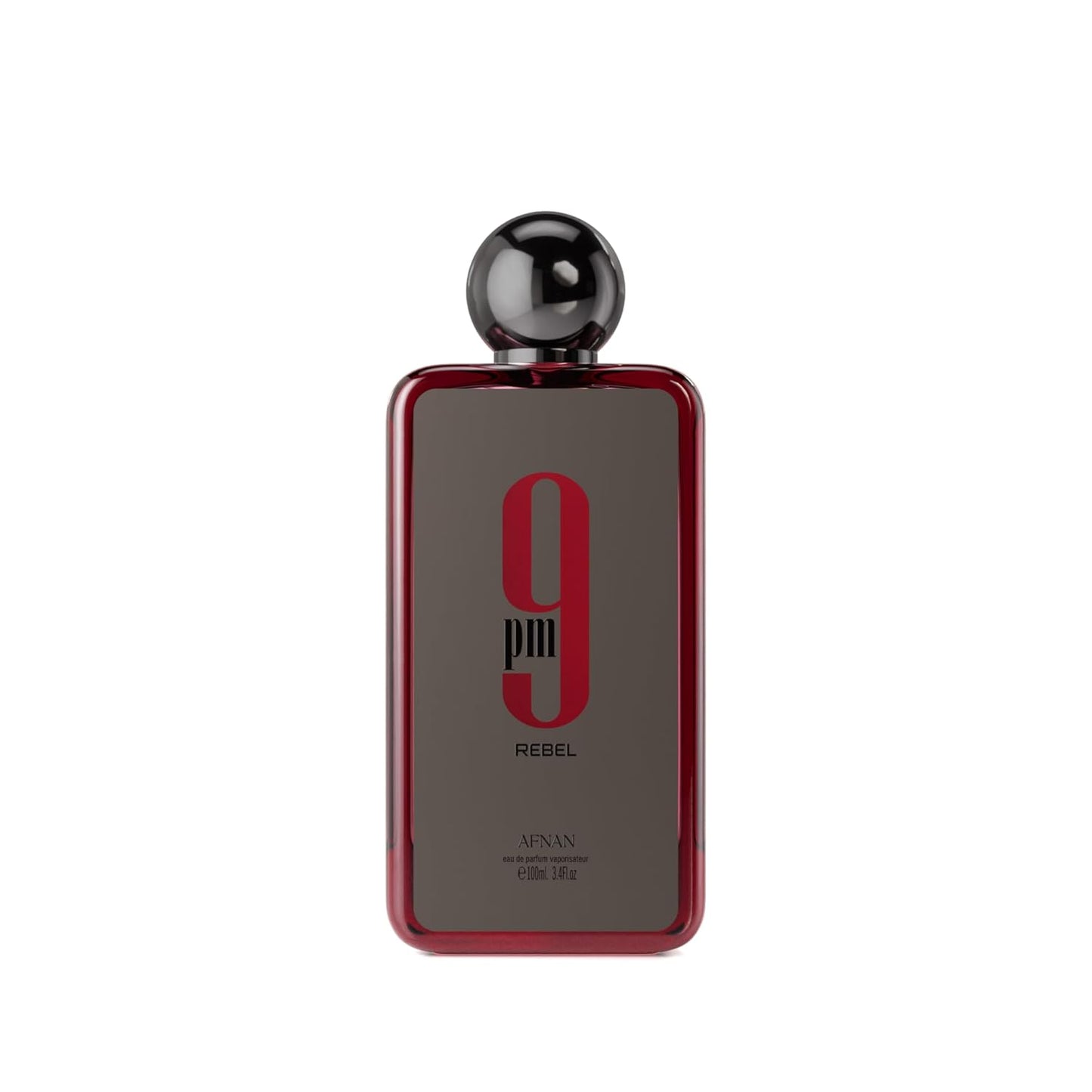 Afnan 9pm Rebel perfume bottle with dark red border and bold black cap