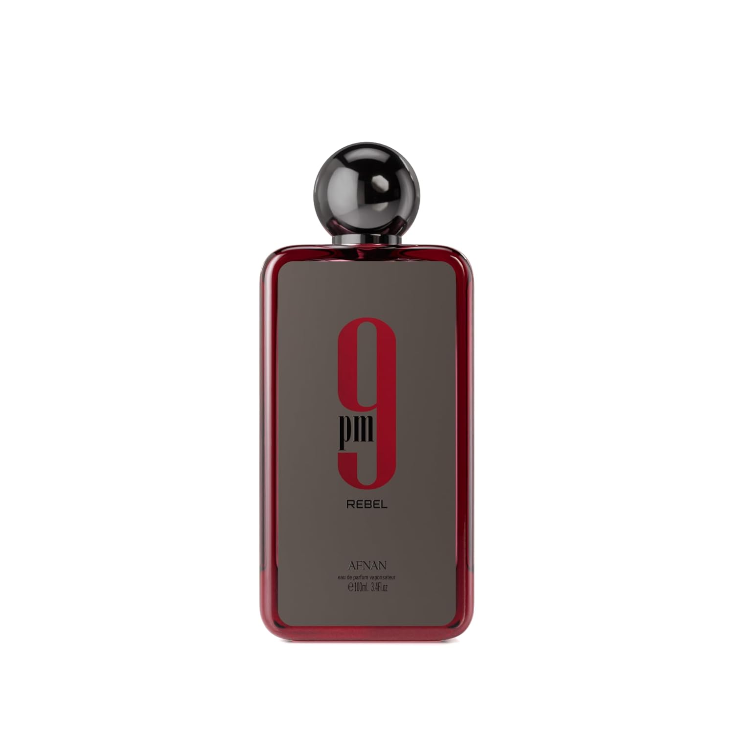 Afnan 9pm Rebel perfume bottle with dark red border and bold black cap